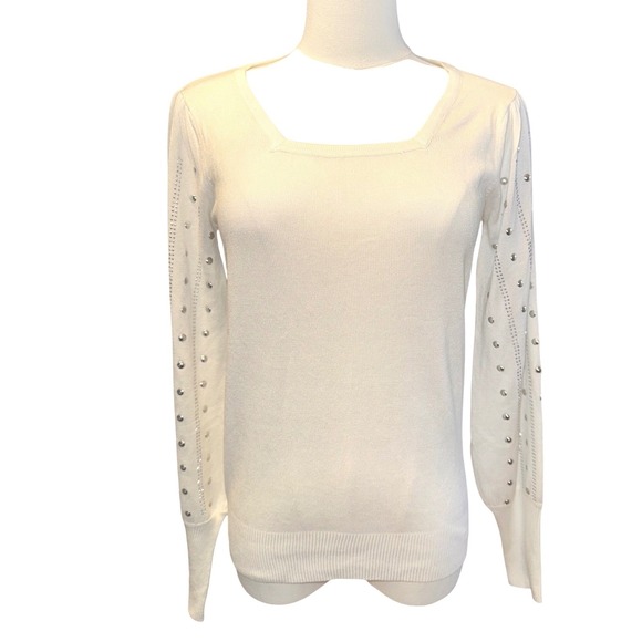 Carmen‎ Marc Valvo Cream Embellished Studded Puff Sleeve Knit Sweater Sz XS - Picture 4 of 10